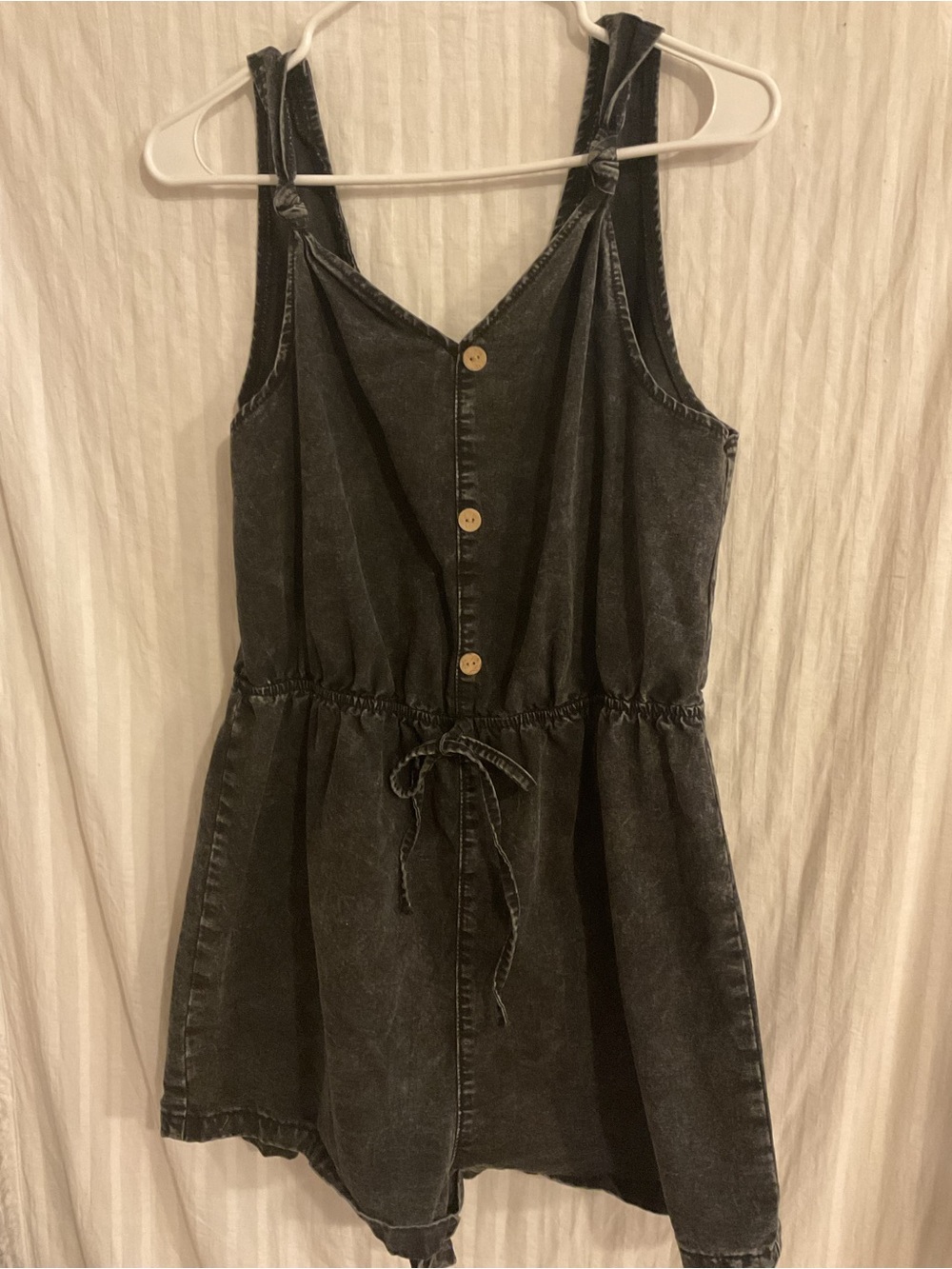 Denim Romper Shorts Sz. S. Washed Black VNeck Tie Waist